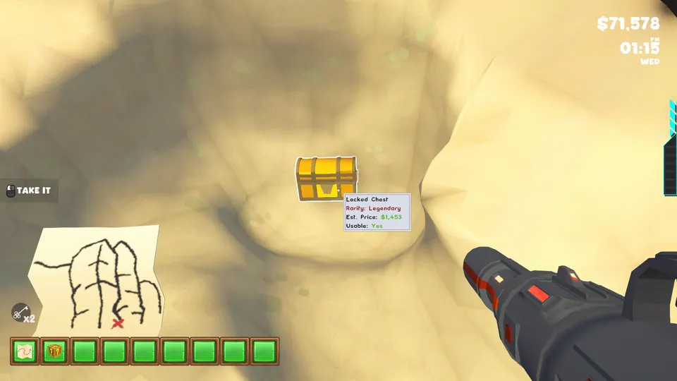 A Locked Chest dug up between the two giant rocks on the beach