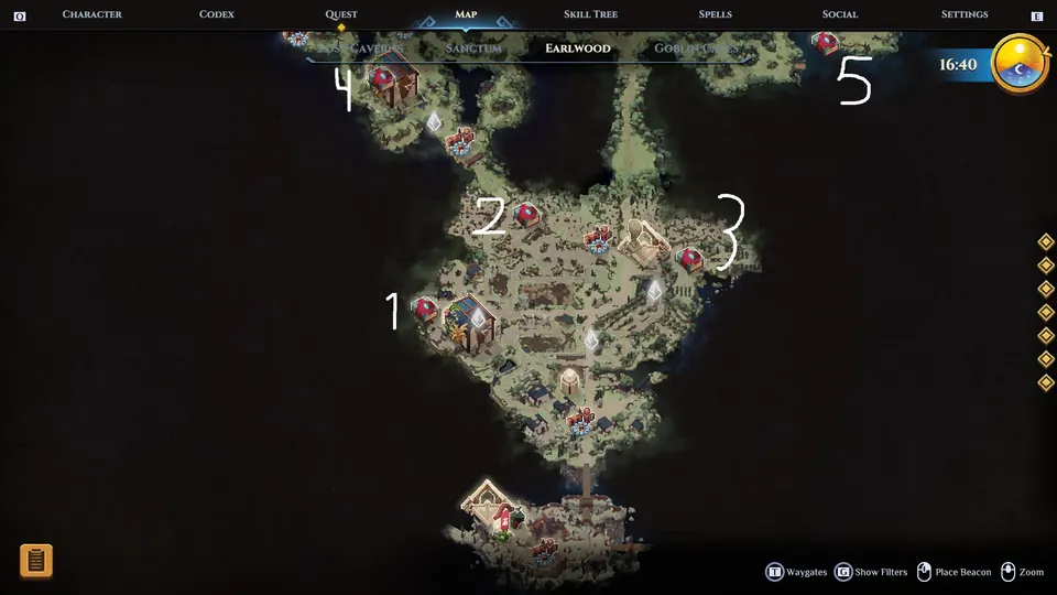 The Dimraeth Earlwood map, with numbers drawn on to mark where the first five of 27 spellbook and pet spots are