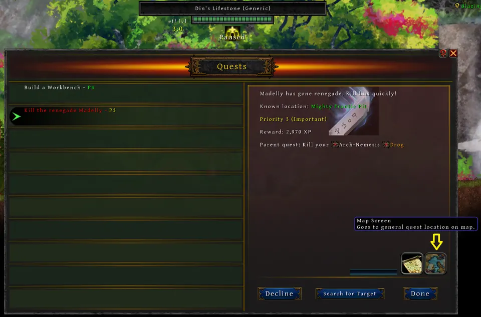 The Quests panel for an accepted kill quest, with the map screen button in the bottom right corner and its tooltip open