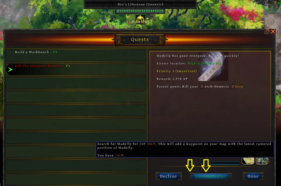 The Quests panel with Search for Target marked on the bottom button row, its tooltip showing the search price and the coin currently held