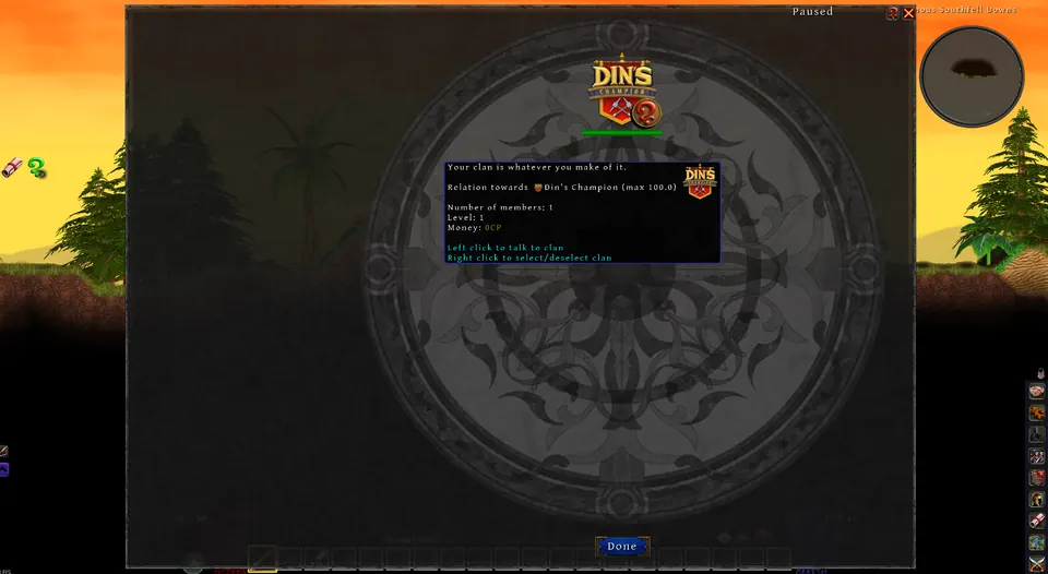 The Relations screen with a clan selected, listing its relation value, member count, level and money