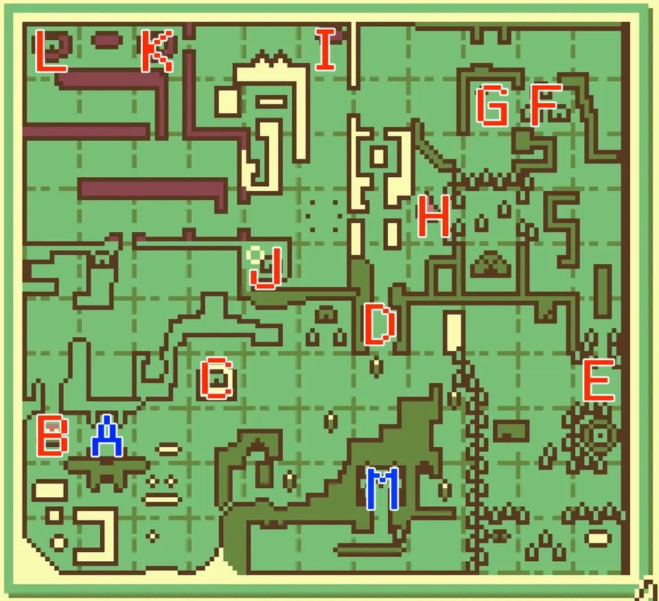 World map with fishing spots A to M lettered in red and blue