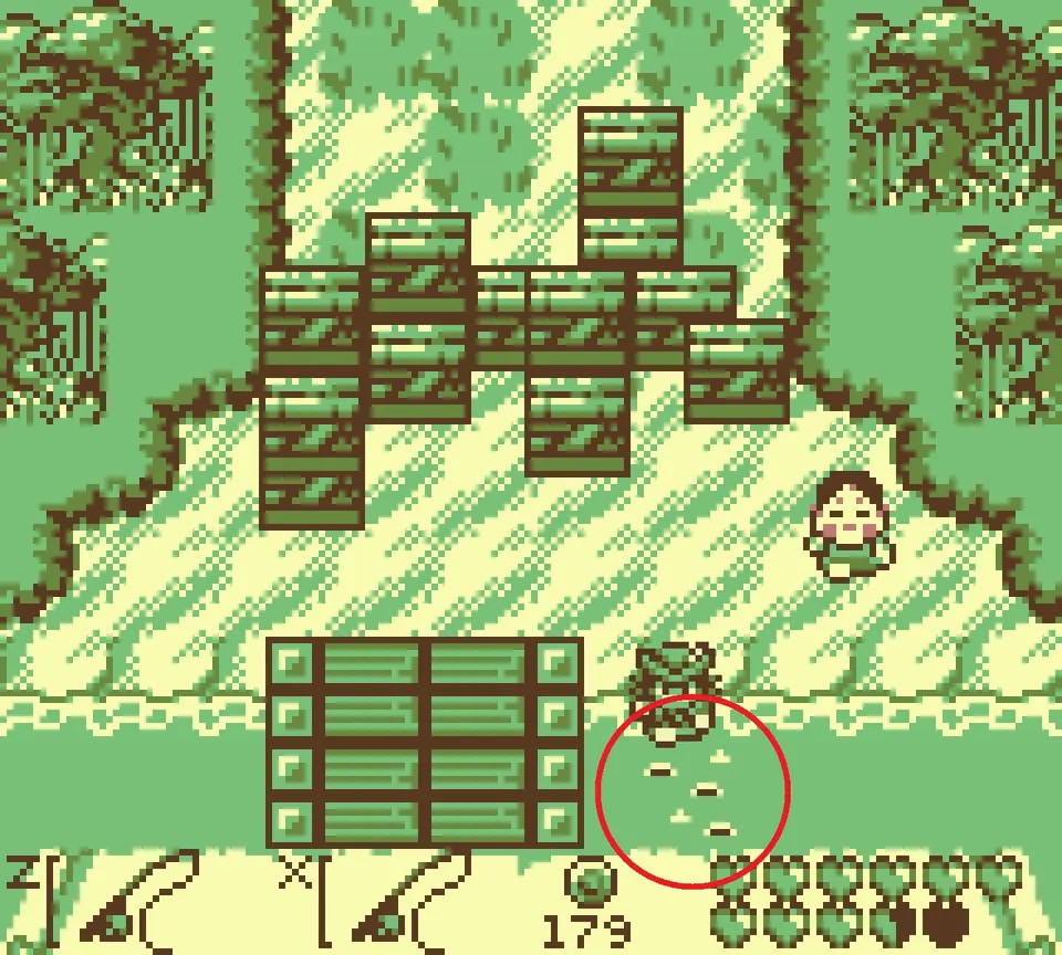 Fishing spot B: ripples circled below the stacked crates