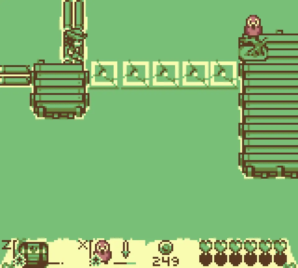 Fishing spot F: the row of tiles between the two platforms, with your bird on the far side