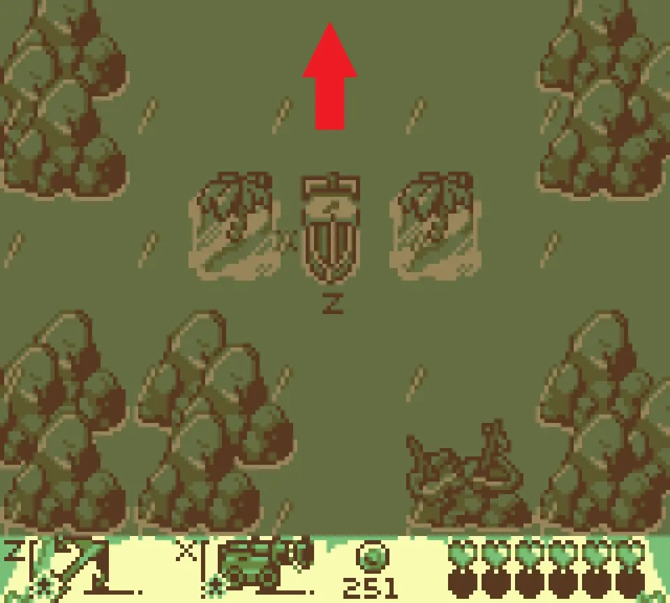 The two palm trees in the maze, with a red arrow pointing up