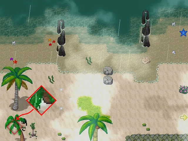 On Baicheng Beach the big red diamond is a zoomed inset, not the spot. The arrow out of it points down to the small outline sitting on the leaves of the corner palm, where the character is already standing