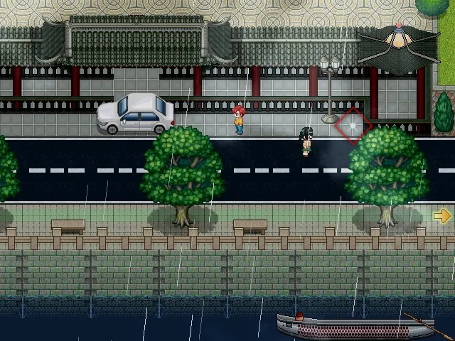 The Potion marker sits well to the right of the parked white car, on the strip of pavement between the road and the wall. Everything below the road, the trees, the benches and the harbour railings, is the wrong side