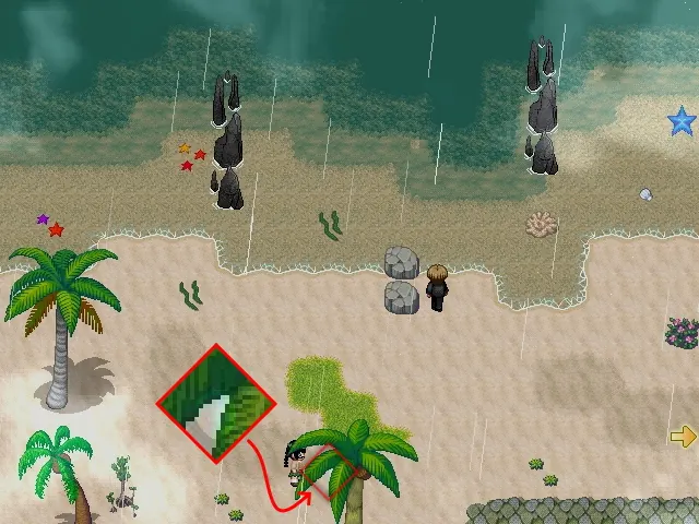 The same stretch of Baicheng Beach again, with the inset arrow pointing down and to the right this time. It lands on the palm at the bottom middle of the screen, not the corner palm at the left edge that held the Notice