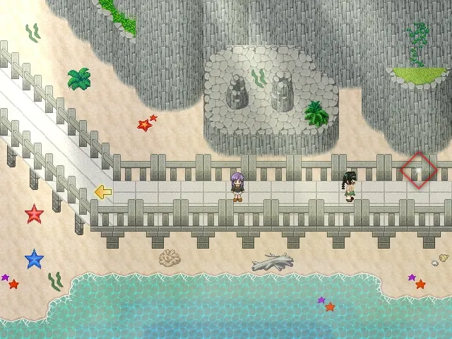 The Contract's marker sits right at the edge of the screen, past both of the figures walking the boardwalk. The cave mouth behind them is a dark opening in the grey rock with two standing stones inside it