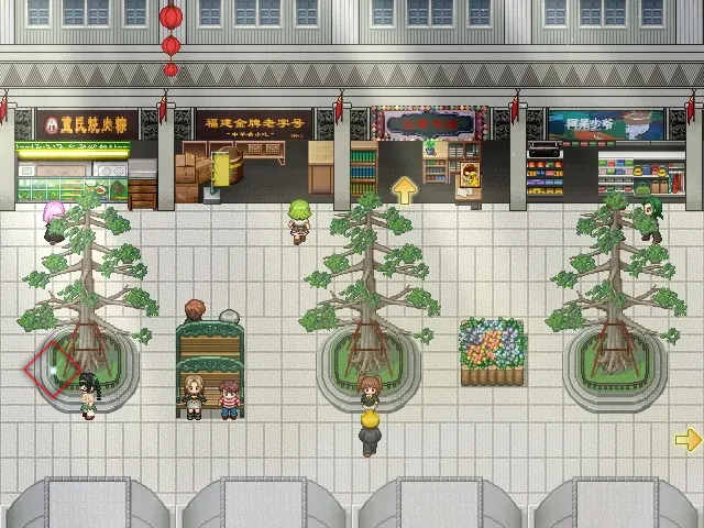 Three banyan trees stand in round planters along Zhongshan Road Pedestrian Street. The ID Card is at the first of them, half off the left edge of the screen, not at the middle tree or the flower bed further along