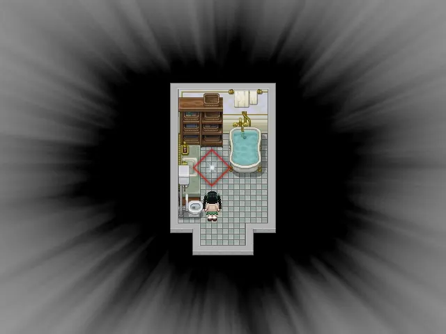 The Tape's marker is one step above the character as she comes in, tight against the foot of the blue bath. The wooden cabinet and the towel rail are at the top of the room