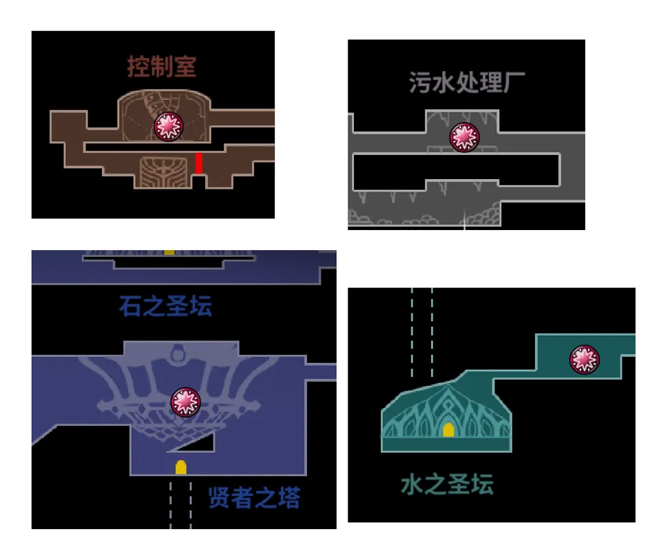 Four crops of the Fatal Claw map, one for each infected hero you purify. A pink starburst marks Mirkam, Irbes, Sommar and Saemo, and the room names on them are in Chinese only.