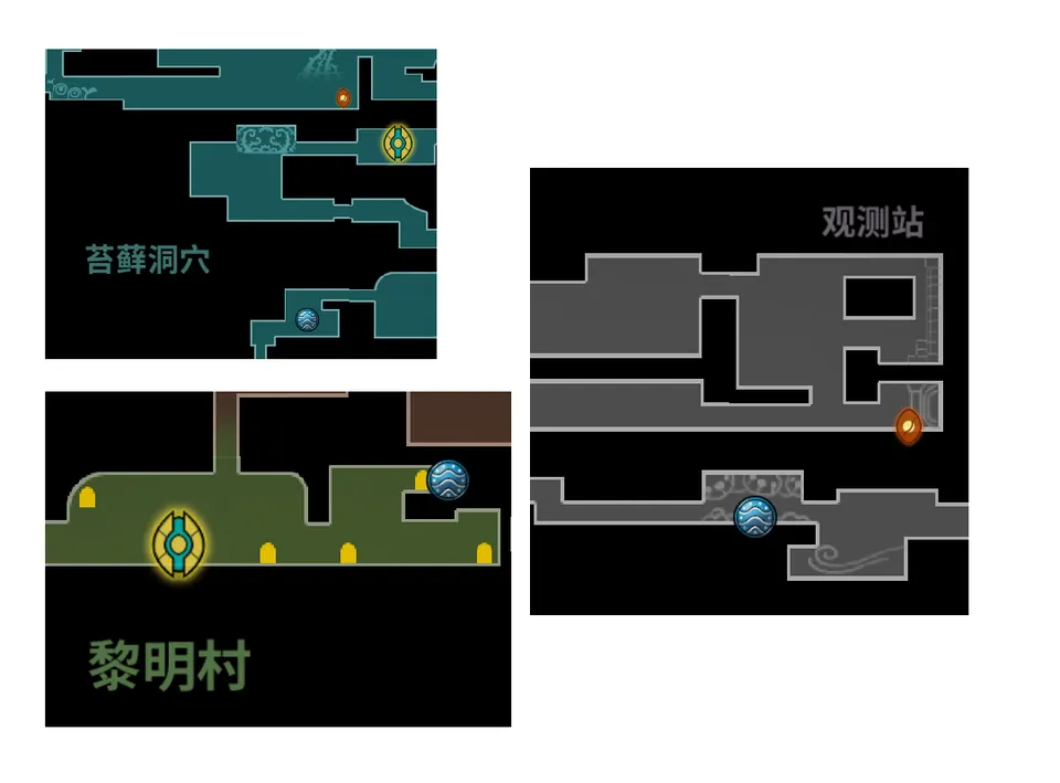 Three crops of the Fatal Claw map, one each for Ain, Nia and Carbo, with a blue disc marking each of them. The area names on the crops are in Chinese only.