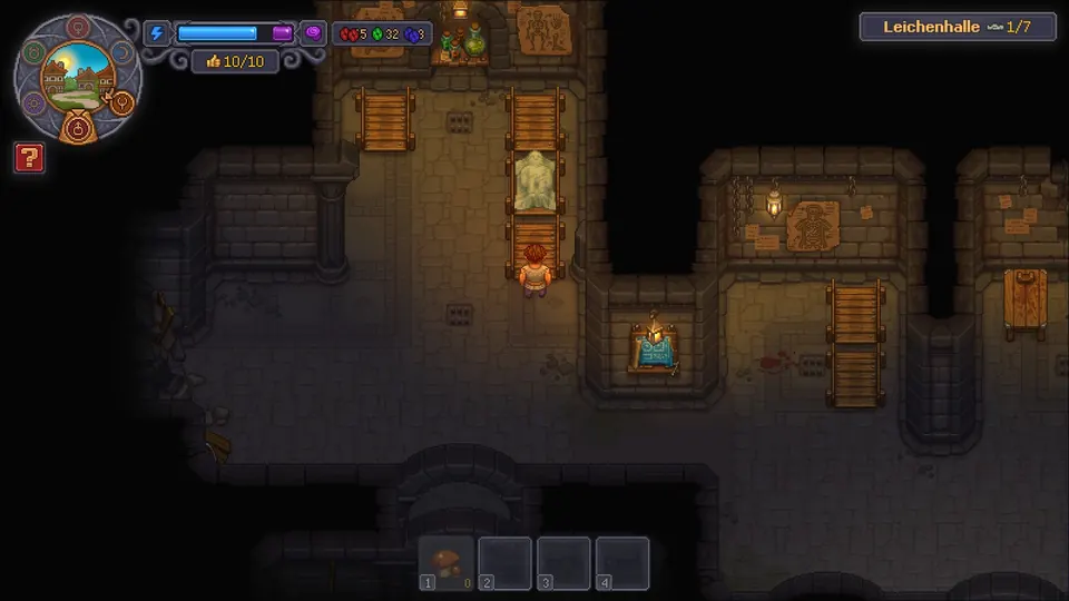 The morgue in Graveyard Keeper 2, with a body laid on a column of stacked corpse pallets