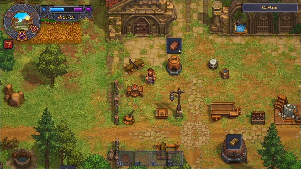 An early Graveyard Keeper 2 yard with the kiln, furnace, anvil and workbenches built and wheat ripening in the corner
