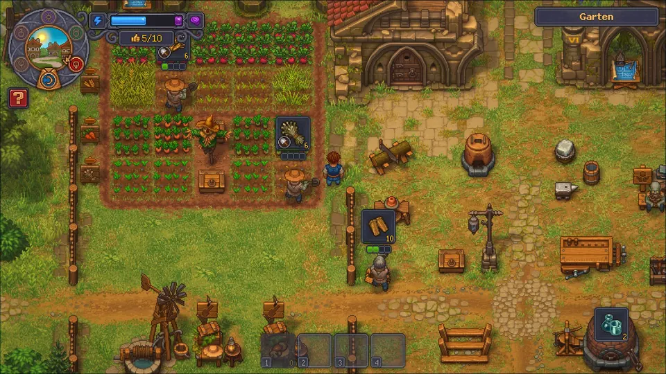 Two zombie gardeners working the crop beds, with two gardener stands along the bottom edge on the left