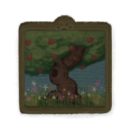 The bedroom tree painting at full Pure, green and heavy with fruit over a bed of flowers.