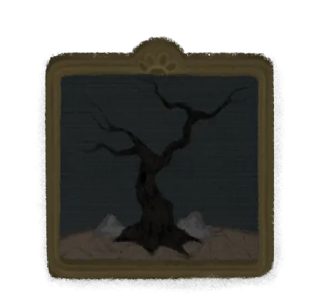 The same bedroom painting at full Corrupt, a bare black tree on dead ground under a dark sky.