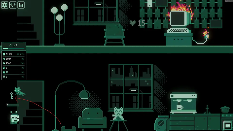Jinx lining up a jump from the cursor toward the basement key on the lower-left wall of the room in It's Fine.
