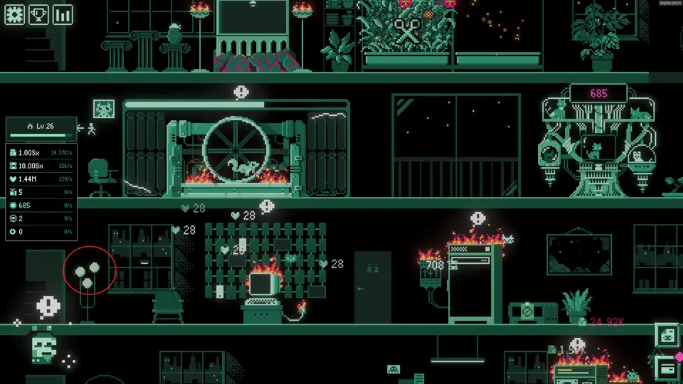 The Simon secret's blinking lightbulb, circled beside the Botfarm machinery.