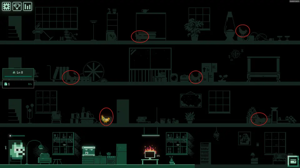 Hidden chicken silhouettes lit across the dark room while the yellow barn portal glows below.
