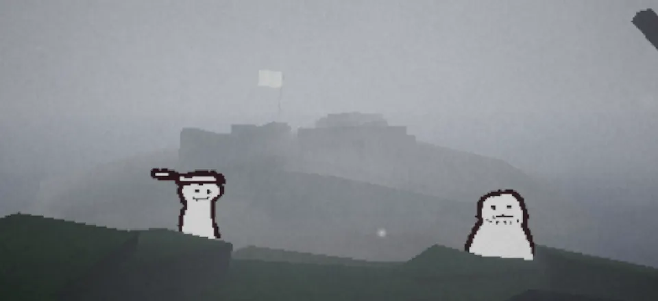 The racer in a headband on the left and the neckbeard man on the right, with the race flag on the hill behind