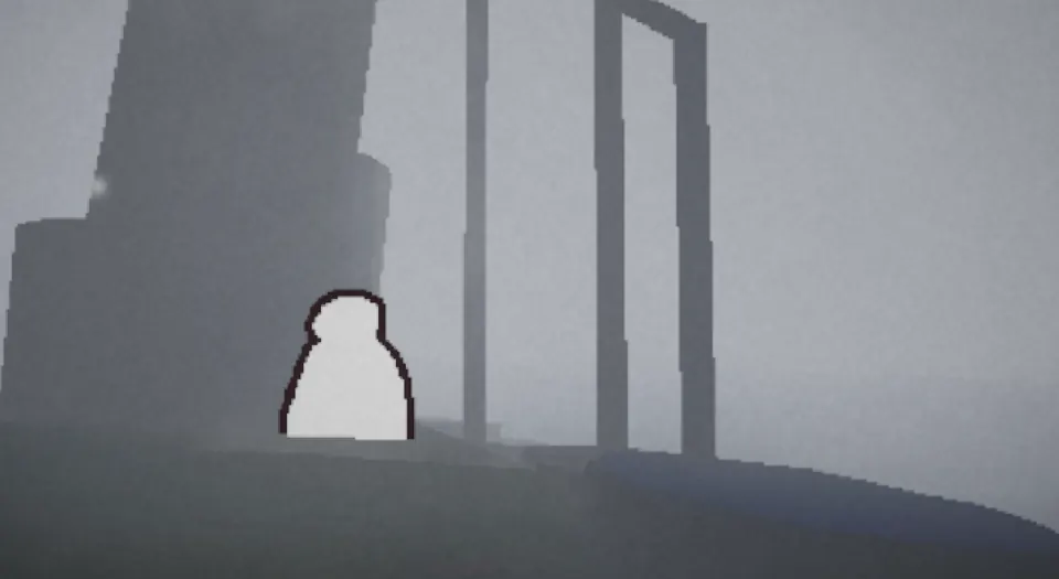 A pale figure next to the tall pillar and stone doorway