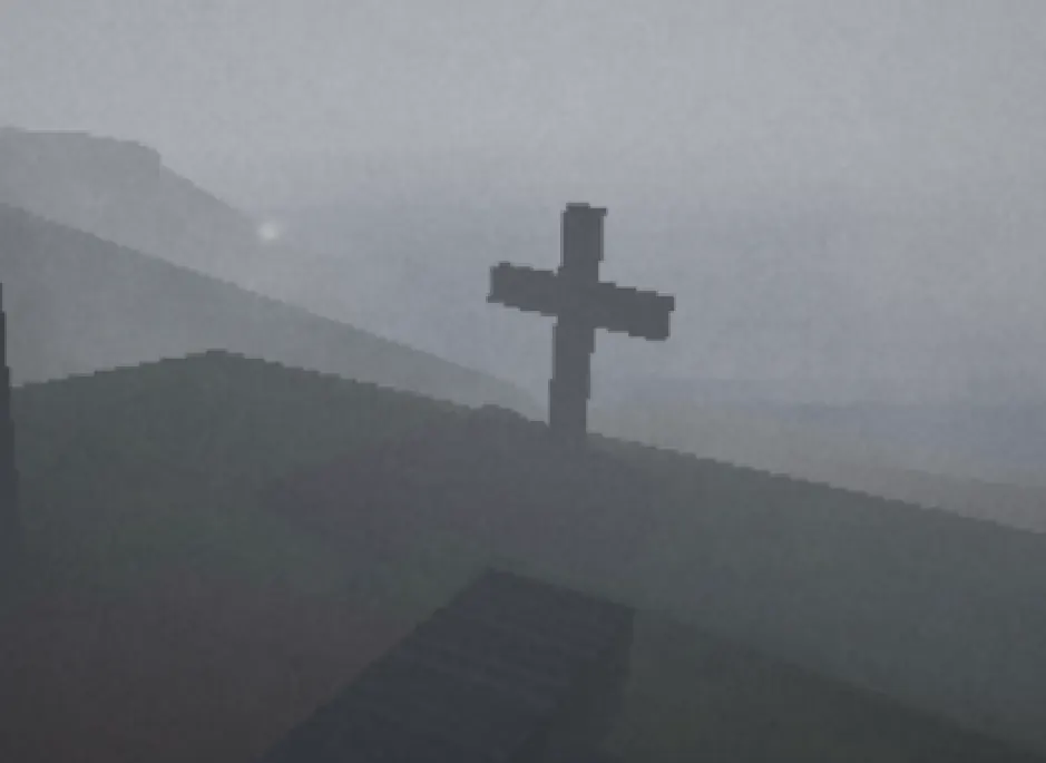 The grave's wooden cross on a foggy hill in Le Fishe, where the Wallet for the Heart of Greed is fished up