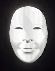 Mask, a blank white theatre-style face mask with narrow eyes