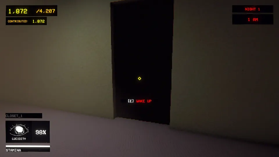 The exit door inside Closet_1 on the Orange map, a room with greenish walls, with the Wake Up prompt showing