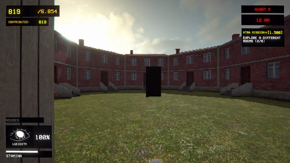 A tall black exit door standing on the grass of a Houses room on a daytime outside map, with brick houses around it