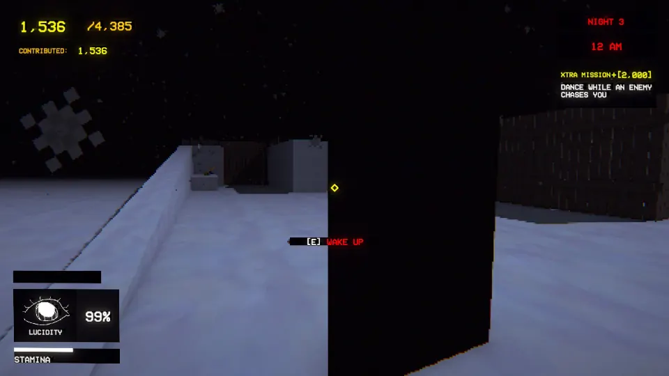 The exit door beside the raised snow slope on the Snow map, with the Wake Up prompt showing