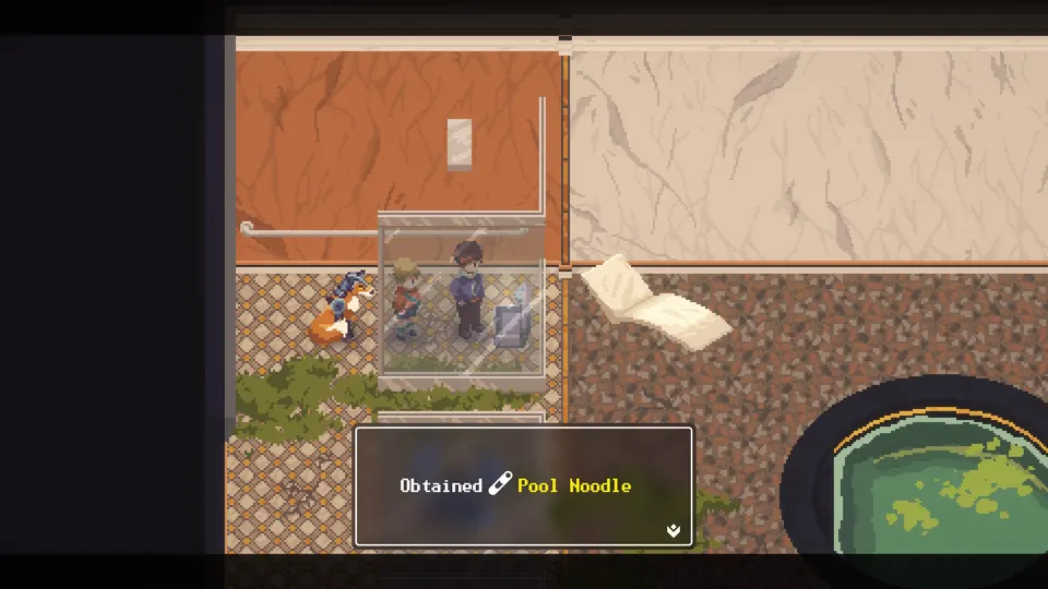 The Obtained Pool Noodle message beside the pool in the Chapter 4 mansion