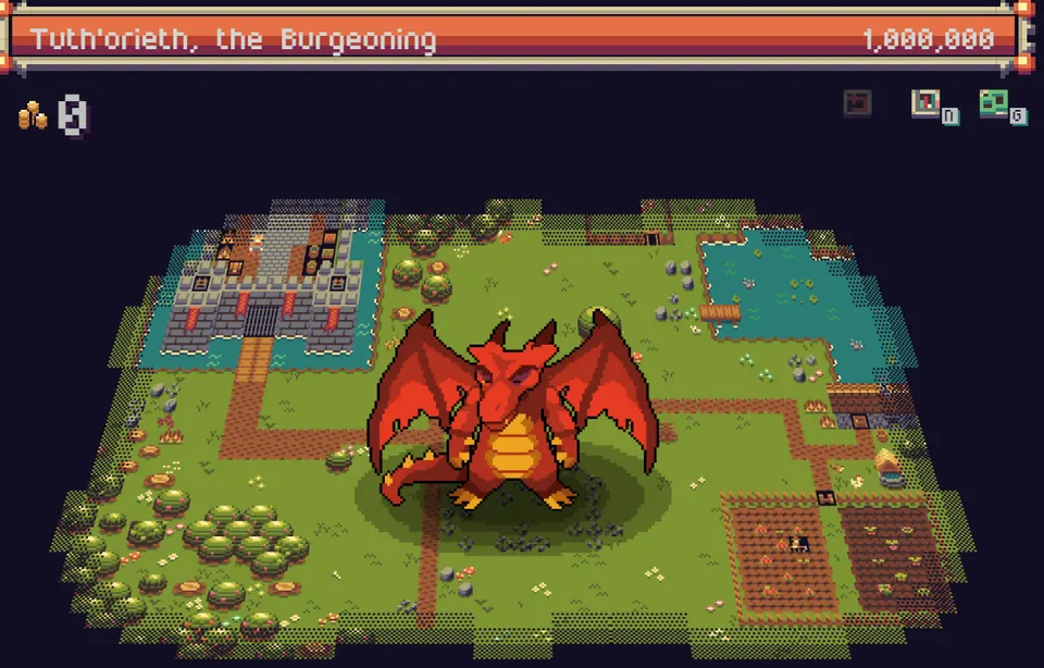 Tuth'orieth, the Burgeoning, the baby dragon, sitting on the village map with a million HP on the bar above him