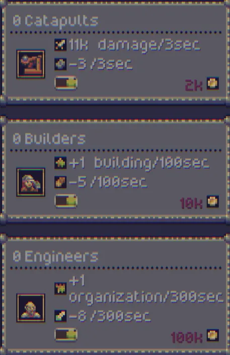The Engineering tab, listing Catapults, Builders and Engineers with what each one produces