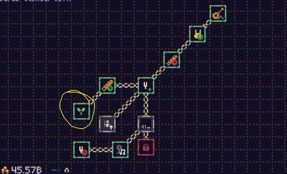 The Bards upgrade tree with a yellow ring around a single node on the lower left branch