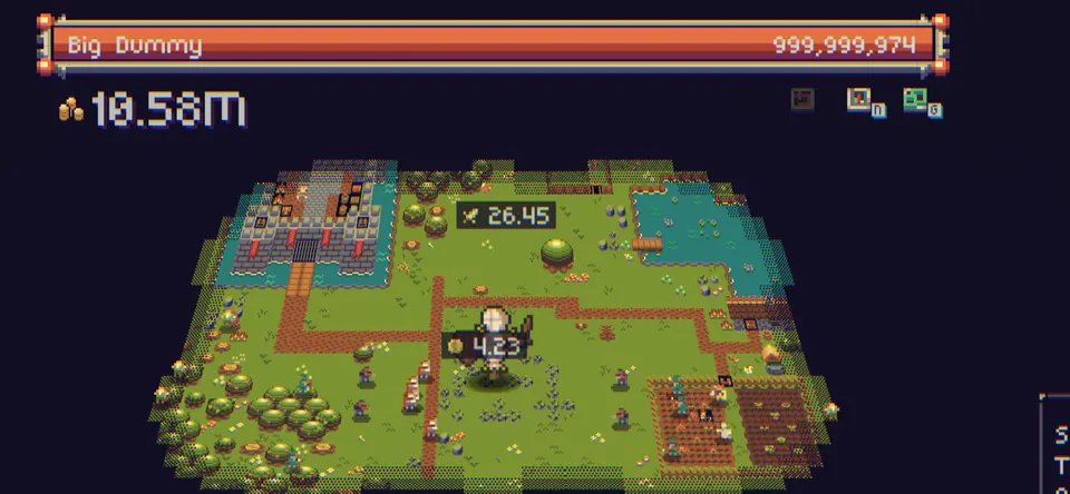 Big Dummy on the village map, its health bar sitting just under a billion, with damage numbers over the field
