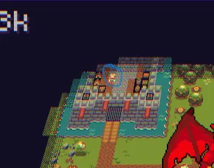 The castle on the map seen up close, with the tiny king standing between its towers