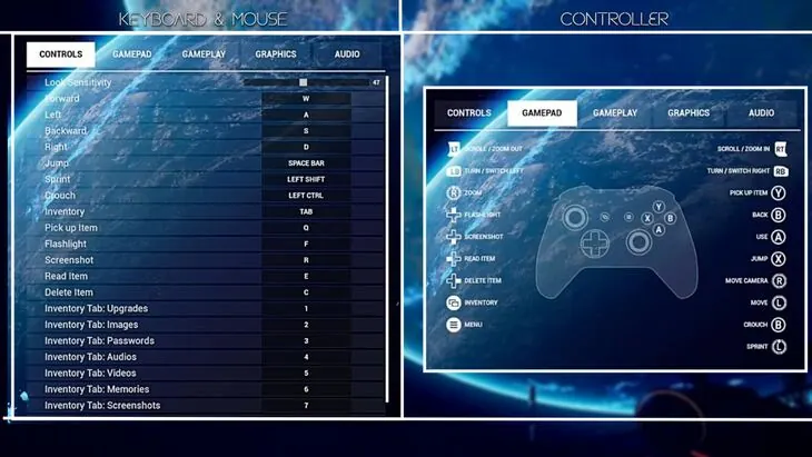 Rivage's controls menu with the keyboard and mouse bindings on the left and the controller layout on the right