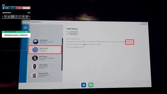 Miranda's inbox with the Optima Vault email open and the safe date highlighted