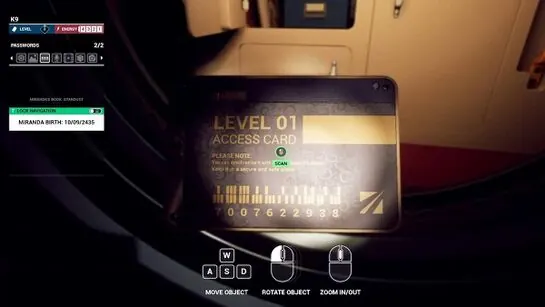 The back of Miranda's Level 01 access card showing its barcode and the numbers under it