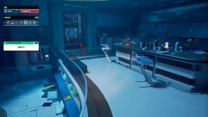 The kitchen platform with a red arrow pointing to the storage room door