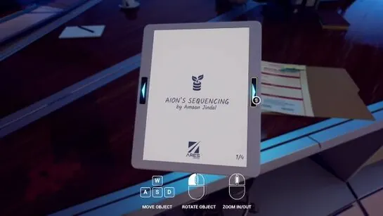 Amaan's tablet in the Observatory open on its Aion's Sequencing title slide