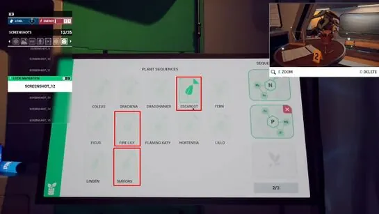 The plant sequencer with Fire Lily, Escargot and Mavors outlined