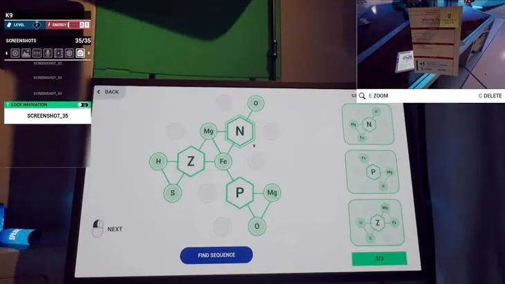 The element sequence screen with Z, P and N set in the hexagons