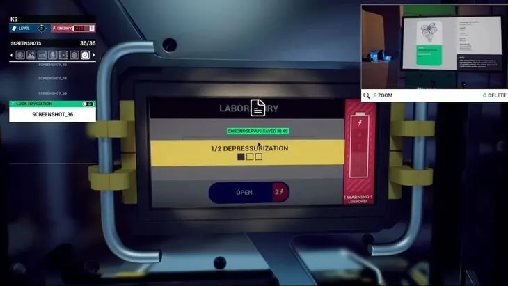 The Laboratory door panel with Chronoservus saved and the Open button costing two energy
