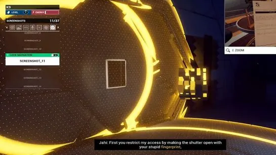 A floating memory cube by the large hangar doorway in the Lab
