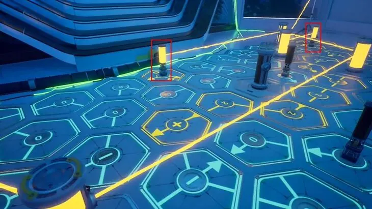 The Observatory floor puzzle with the two skinny pillars outlined in red