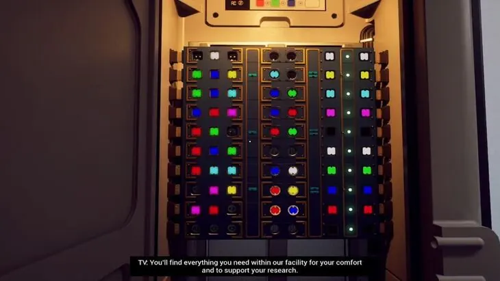 The projector's socket grid in Miranda's room, filled with coloured squares and circles