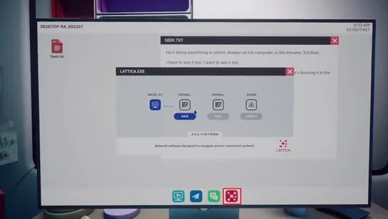Rafael's desktop with Seek.TXT open and the network program icon outlined